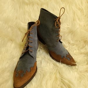 Blue & Brown Suede Western Lace Up Ankle Boots
